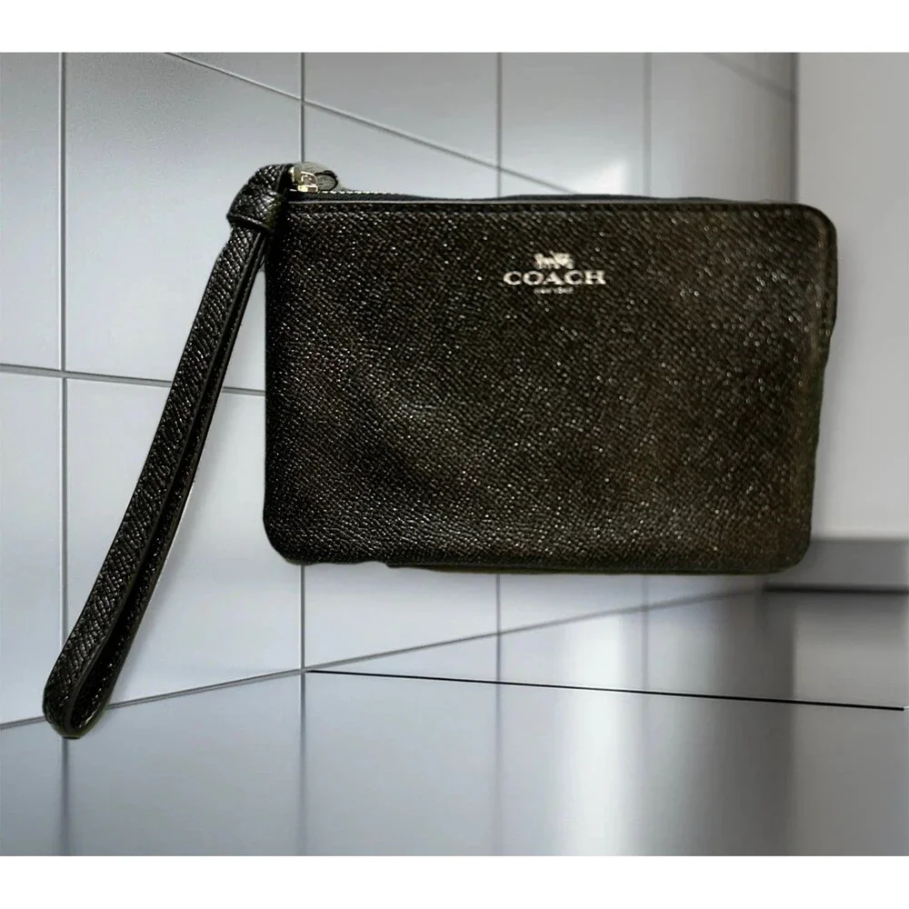 Coach Black Saffiano Leather Zip Wristlet with Gold Logo